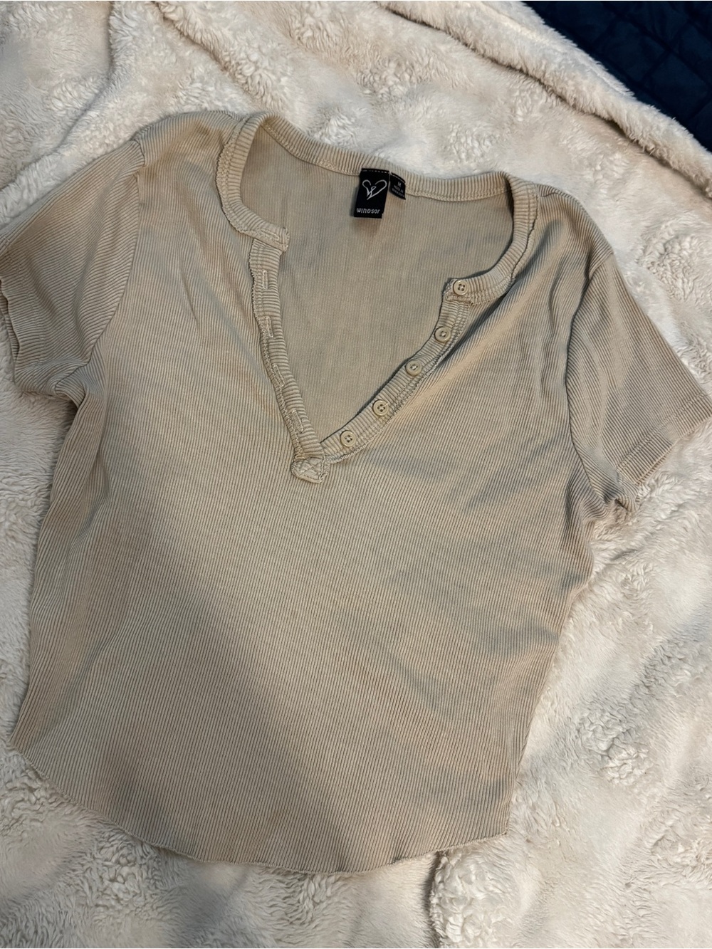 Windsor Beige Ribbed Henley Crop Top